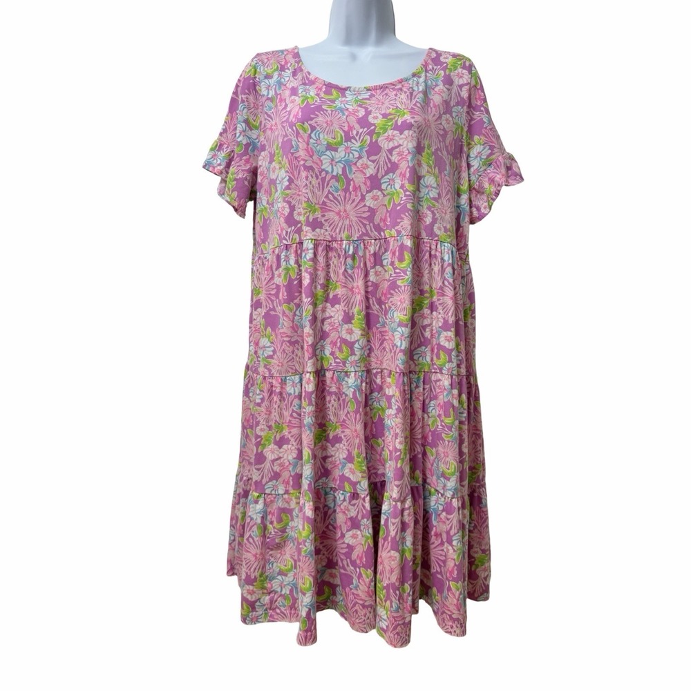 Lilly Pulitzer Womens Jodee Tiered Floral Swing Mini Dress Size XL Pink Amethyst